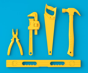 Top view of monochrome construction tools for repair on blue and yellow