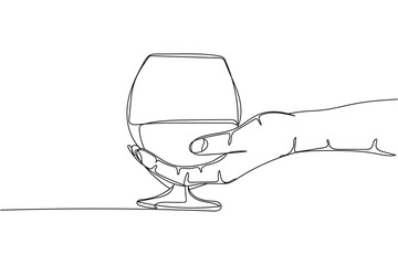 Wall Mural - Continuous one line of glass goblet with brandy in hand in silhouette on a white background. Linear stylized.Minimalist.