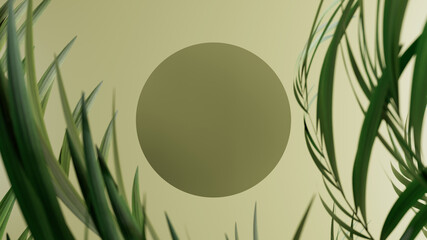 Poster - 3d render of logo place surrounded by fresh green elements. Positive bright composition. Product mockup with leaves.