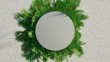 Poster - 3d render of logo place surrounded by fresh green elements. Positive bright composition. Product mockup with leaves.