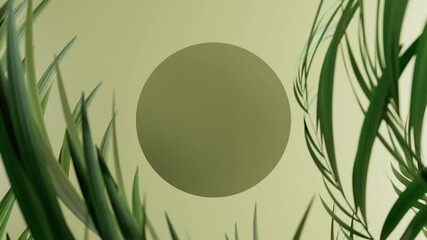 Poster - 3d render of logo place surrounded by fresh green elements with defocus effect. Positive bright composition. Product mockup with leaves.