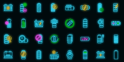Poster - Battery icons set. Outline set of battery vector icons neon color on black