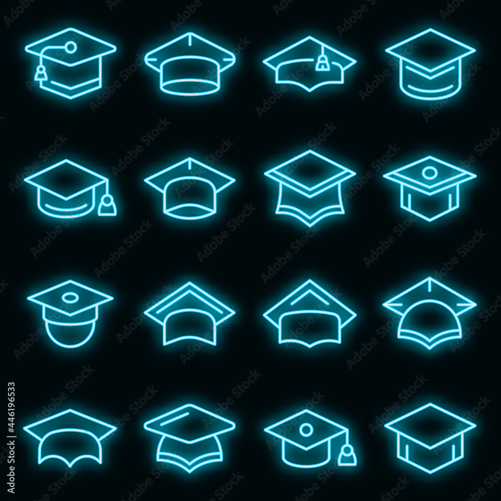 Graduation hat icons set. Outline set of graduation hat vector icons neon color on black - obrazy, fototapety, plakaty 