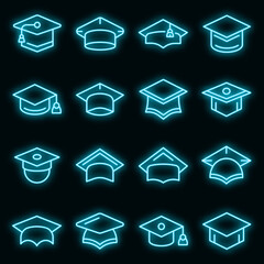 Poster - Graduation hat icons set. Outline set of graduation hat vector icons neon color on black