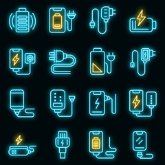 Poster - Charger icons set. Outline set of charger vector icons neon color on black