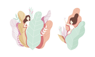 Sticker - Beautiful Brunette Woman Relaxing on Nature Set Vector Illustration