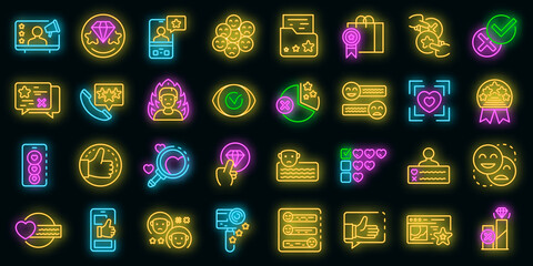 Poster - Product review icons set. Outline set of product review vector icons neon color on black
