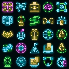 Poster - Adaptation icons set. Outline set of adaptation vector icons neon color on black