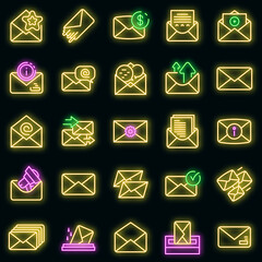 Poster - Envelope icons set. Outline set of envelope vector icons neon color on black
