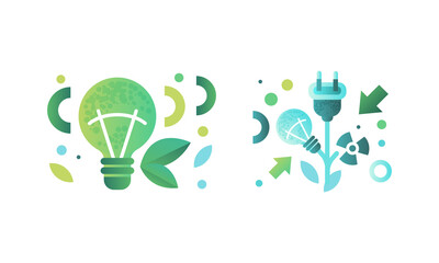 Sticker - Eco Related Symbols Set, Light Bulbs, Green Energy and Environment Protection Concept Flat Vector Illustration