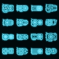 Poster - Graphics card icons set. Outline set of graphics card vector icons neon color on black