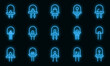 Diode icons set. Outline set of diode vector icons neon color on black