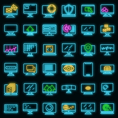 Poster - Monitor icons set. Outline set of monitor vector icons neon color on black