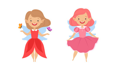 Wall Mural - Lovely Fairy Girls Set,Happy Winged Girls Flying Wearing Bright Costumes Cartoon Vector Illustration