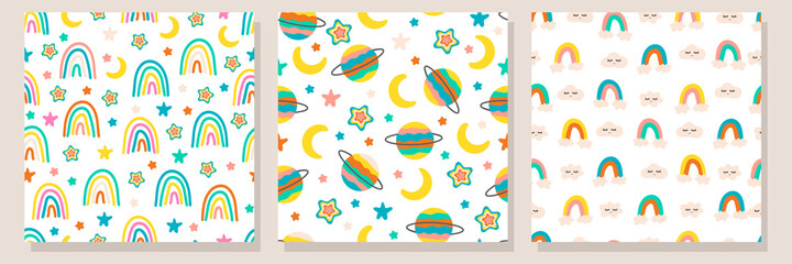  Baby sky seamless pattern set. Backgrounds with planets, rainbows, stars and clouds in nordic style and bright colors	