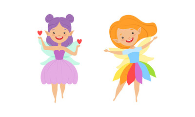 Sticker - Adorable Fairy Girls Set, Lovely Winged Girls in Bright Costumes Cartoon Vector Illustration