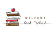 © alstanova@gmail.com - Stack of books with apple on the top. Back to school minimalist vector web banner, poster, background. One continuous line drawing illustration of books