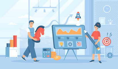 Wall Mural - Business strategy and planning. Startup, goal, success, investment, money making. Flat cartoon vector illustration with people characters for banner, website design or landing web page  