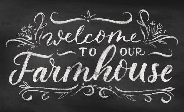 Wall Mural - Welcome to our farmhouse vintage chalkboard poster or sign design with lettering. Hand drawn retro vector illustration for rustic home decor. Chalk lettering with decorative flourish elements.