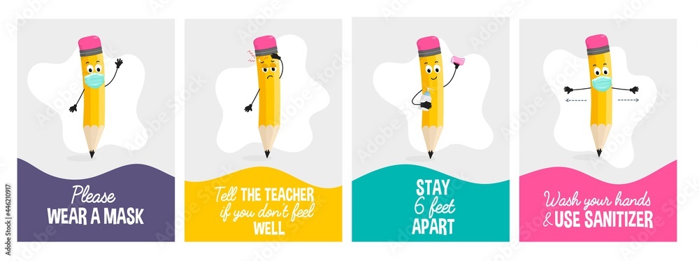 Back to School Covid Safety poster set.After pandemic school safety concepts with funny pencil character. Flat style vector illustration. Wear a mask. Wash hands and use sanitizer. Stay 6 feet apart. - obrazy, fototapety, plakaty 