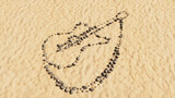 Fototapeta Przestrzenne - Concept conceptual stones on beach sand handmade symbol shape, golden sandy background, guitar sign. A 3d illustration metaphor for music, concert, accoustic, jazz, rock, lifestyle and entertainment