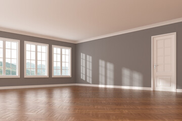 Fototapete - 3d rendering of empty room with dark wooden floor and sun light cast the window shadow on the wall.