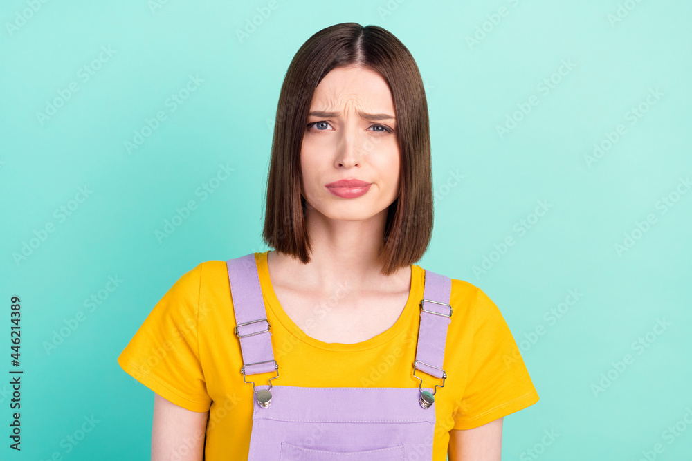 Photo of young unhappy doubtful woman face distrust bad mood upset ...