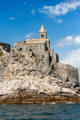 Sticker - Medieval church of San Pietro (St. Peter consecrated in 1198) in Portovenere or Porto Venere, UNESCO world heritage site. La Spezia, Liguria, Italy, Europe.