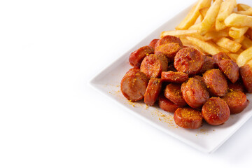 traditional German currywurst isolated on white background. typical oktoberfest food	