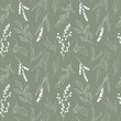 Botanical floral seamless pattern. White hand-drawn line art with leaves and simple flowers on a muted sage green background