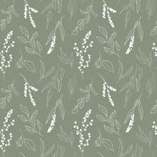 Botanical Floral Seamless Pattern. White Hand-drawn Line Art With Leaves And Simple Flowers On A Muted Sage Green Background