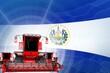 Digital industrial 3D illustration of red modern farm combine harvesters on El Salvador flag, farming equipment modernisation concept