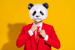 Photo of successful panda bear guy adjust tie wear mask head red suit tie isolated on yellow color background