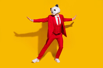 Poster - Photo of panda guy flirty boyfriend enjoy retro dance wear mask red tux tie shoes isolated on yellow color background