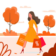 girl walking on street autumn. concept of promotion sale in shop. woman with market package with per