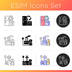 Wall Mural - Electricity icons set. Household appliance recycling. Prices for industrial factories. Sustainable and renewable power source. Linear, black and RGB color styles. Isolated vector illustrations