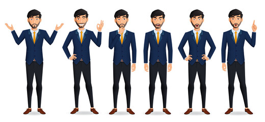 Wall Mural - Businessman boss character vector set. Business man male characters in standing pose with serious, angry and thinking facial expressions for manager employee collection design. Vector illustration
