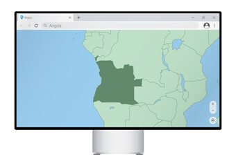 Wall Mural - Computer monitor with map of Angola in browser, search for the country of Angola on the web mapping program.