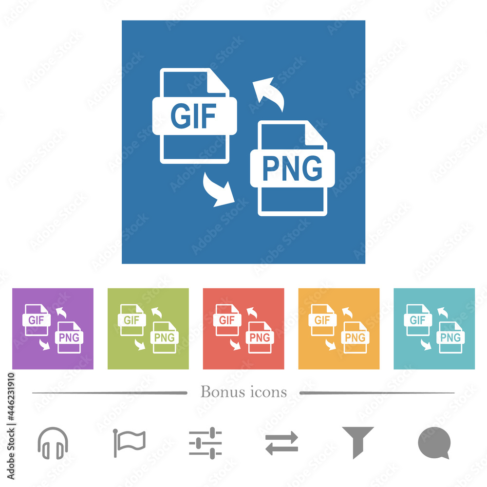 GIF PNG file conversion flat white icons in square backgrounds Stock ...