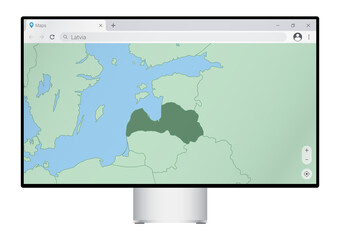 Wall Mural - Computer monitor with map of Latvia in browser, search for the country of Latvia on the web mapping program.