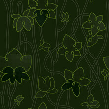 Leaves And Branches Of Hops On A Dark Background. Seamless Pattern With Small Dots And Thin Lines For Dense Fabric Of Monochrome Colour.