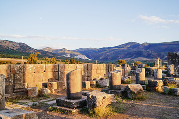 Wall Mural - Beautiful sunset lanscape. The ancient antigue roman city Volubilis in Morocco, Africa.