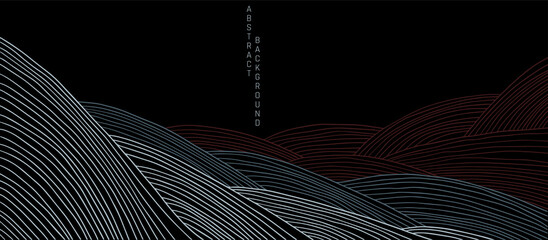 vector abstract japanese style landscapes lined waves in black background and colored lines