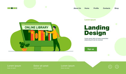 Poster - Tiny man choosing book in online library. Screen, internet, network flat vector illustration. Digital technology and education concept for banner, website design or landing web page