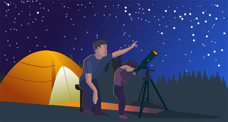 Wall Mural - Father and son watching stars with telescope near to tent. Summer family camping. Forest landscape overnight. Editable vector illustration