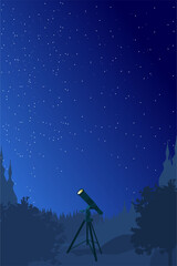 Telescope for science discovery, study astronomy, watching stars and planets in outer space. Vector forest landscape, night starry sky with telescope with tripod. Editable vector illustration