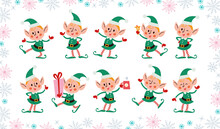 Set Of Different Cute Little Santa Elves Characters Isolated. Elf Carry Gift Box, Drink Hot Chocolate, Jump, Wink, Smile. Vector Flat Cartoon Illustration. For Christmas Card, Pattern, Banner, Sticker