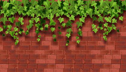 Ivy plant vector background, red brick house wall texture, climbing vine leaf, garden greenery illustration. Architecture floral interior backdrop, hanging creeper twig. Stone tiles, green ivy plant