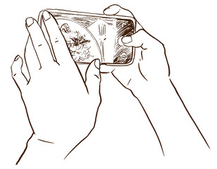 Sketch of human hands holding smartphone taking photo. Doole Vector illustration