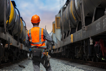 back view service worker with freight train oil transport on background.